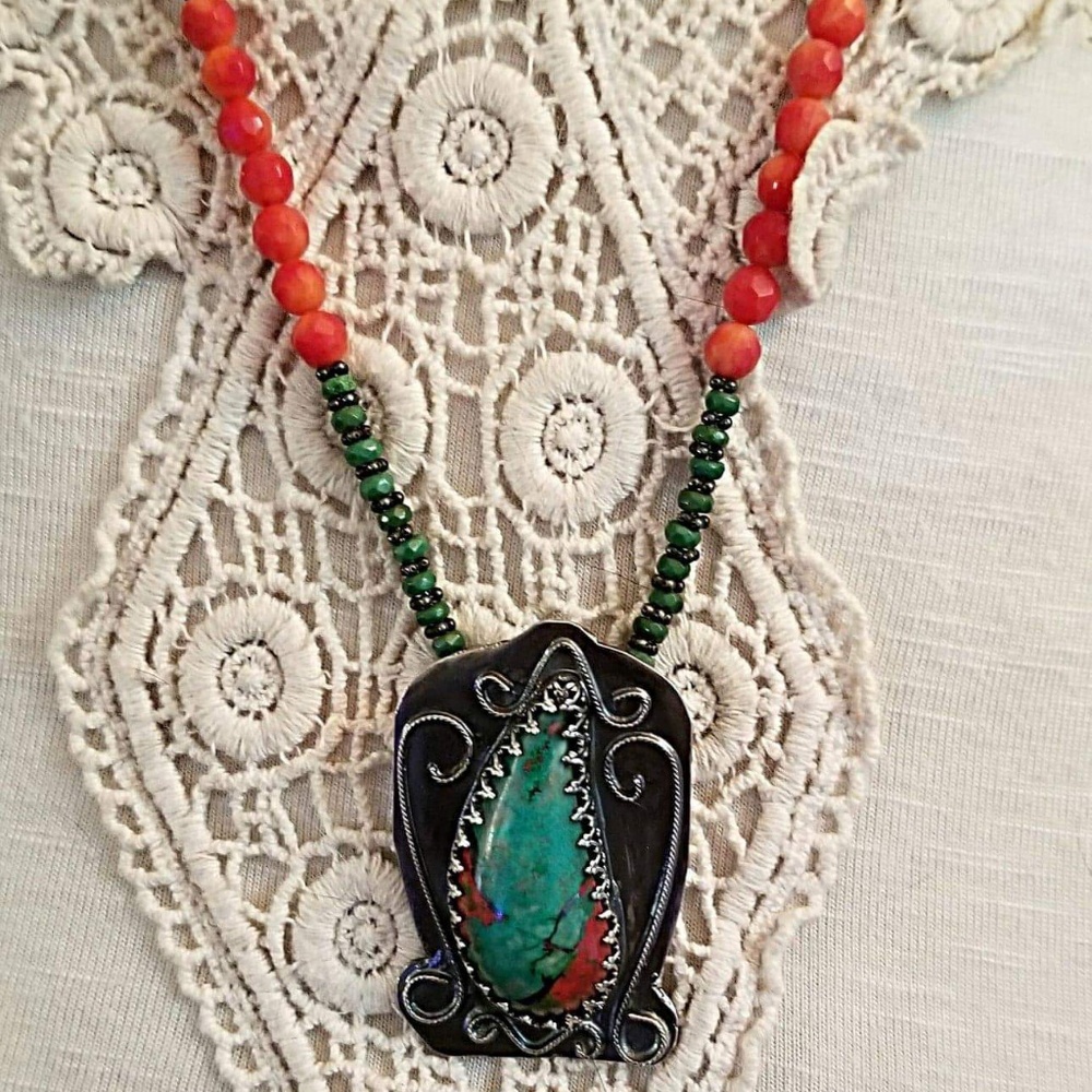 Sonora Sunrise Turquoise & Coral 925 Silver Neckla - Picture 5 of 5